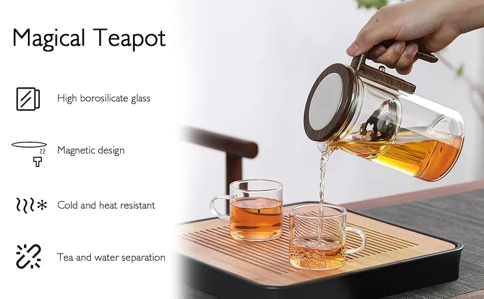 Enchanti Tea Pot Glass Kettle Teapot with Wooden Handle One Click Switch Tea Filtration  Teapots Tea Cup Set